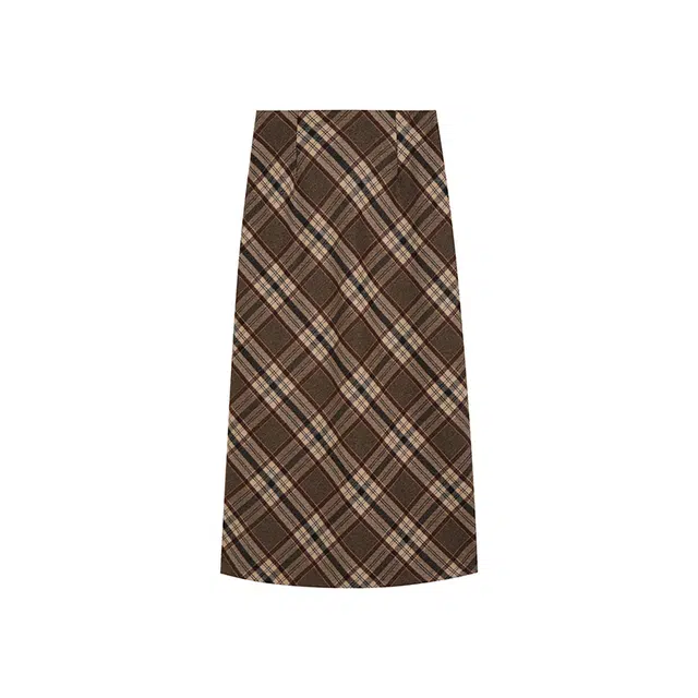 冰淇淋与鲸 复古格纹半身裙高腰开叉半身中长款休闲长裙 女款 咖色