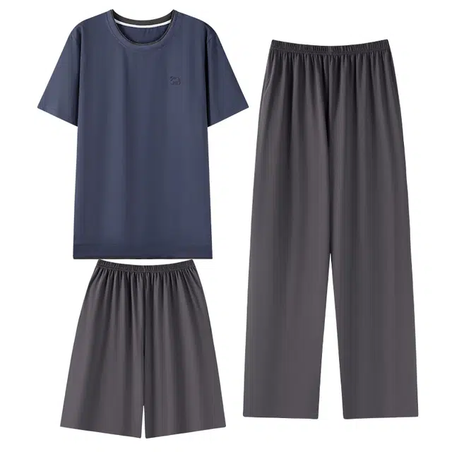 向薇 舒适短袖上衣家居服三件套长裤睡衣套装 男款