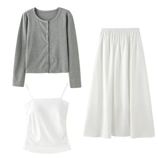 花栗鼠小姐 温柔风清冷感白开水纯色简约舒适针织开衫吊带半身长裙三件套裙装套装 女款