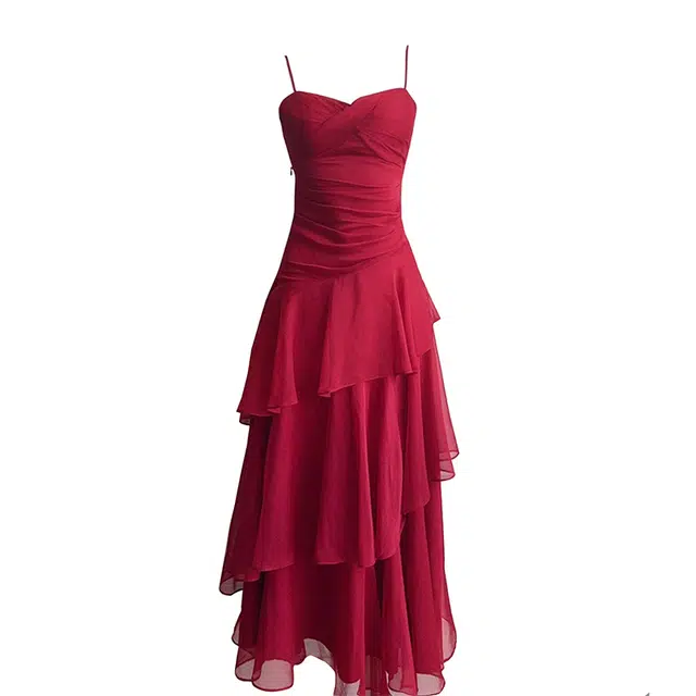 敲模女孩 纯欲风气质设计感荷叶边大裙摆度假吊带连衣裙 女款 酒红色