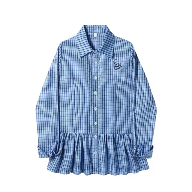 桴生 韩版荷叶边格纹春收腰后背绑带长袖连衣裙 女款 蓝色