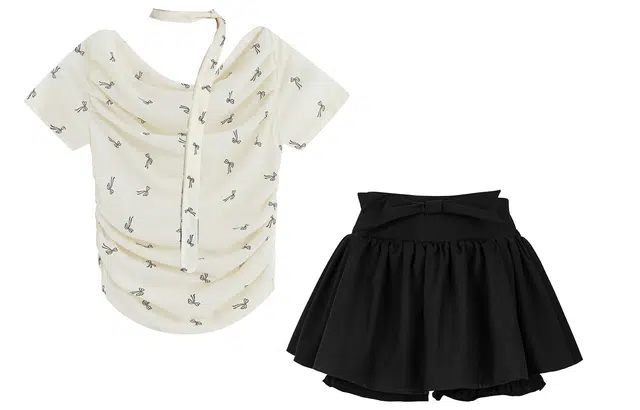 九条喵 修身蝴蝶结收腰短款短袖高腰蓬蓬裙裙装套装 女款