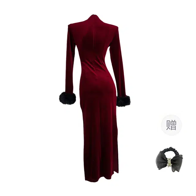 雾闪闪 复古高级气质感刺绣旗袍长袖连衣裙 女款