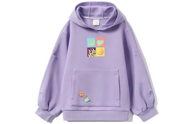李宁儿童 童装 运动生活系列 图案印花宽松连帽套头卫衣 女童 浅蓝紫