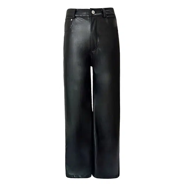 玫丝朵 复古高腰宽松百搭直筒休闲皮裤 女款 黑色