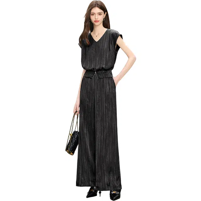 她池 百搭纯色舒适上衣宽松简约长裤休闲套装 女款 黑灰色