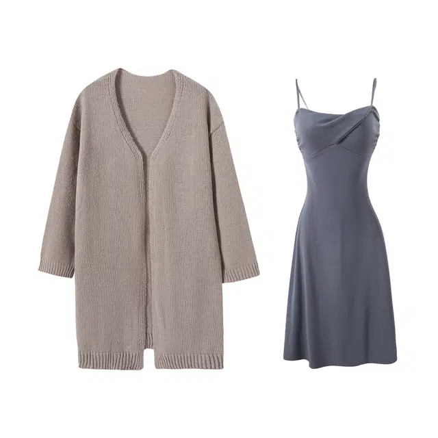 花山家的猫 纯色宽松开衫毛衣外套吊带长裙裙装套装 女款 卡其色