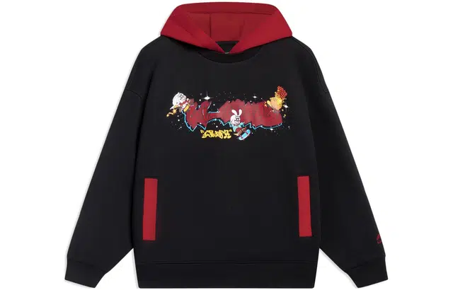 李宁儿童 运动生活系列 卡通动漫印花宽松套头连帽卫衣 儿童款 黑色