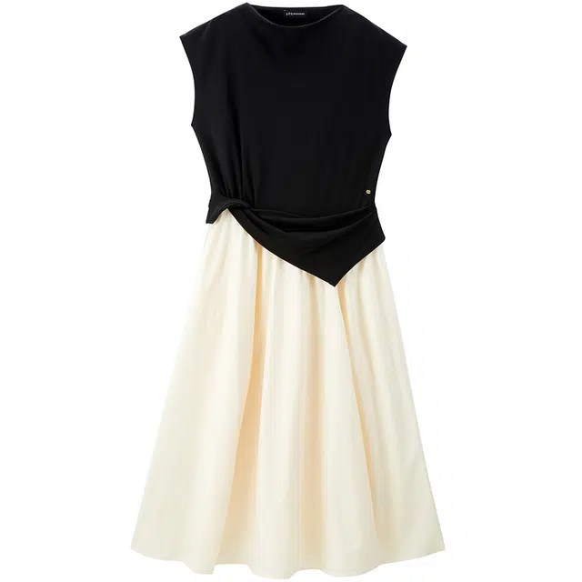 太平鸟 棉柔质感不规则拼接拼色长袖连衣裙 女款 云雾白