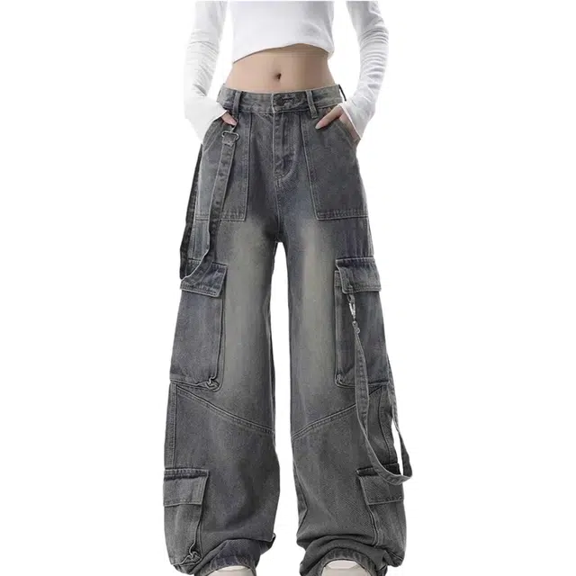 花山家的猫 高腰复古简约牛仔裤 女款 藏青色