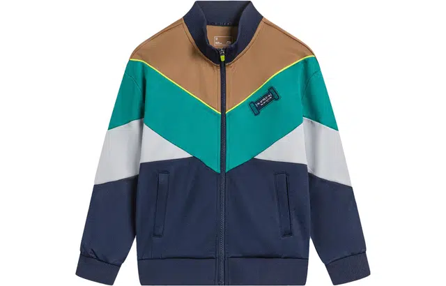 李宁儿童 童装 中国文化系列 山海环游 撞色立领夹克外套 男童 深海军蓝狐棕色鸭绿色砖灰