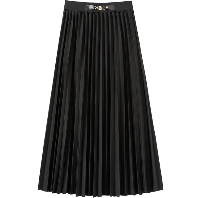 她池 纯色百褶半身休闲长裙 女款 黑色