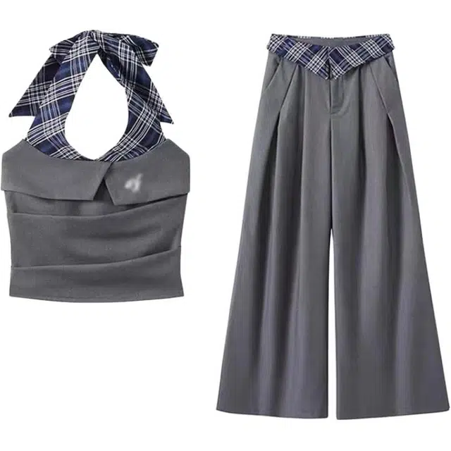 哒头下雨不愁 夏季时尚百搭女复古条纹拼接背心上衣宽松长裤两件套休闲套装 女款