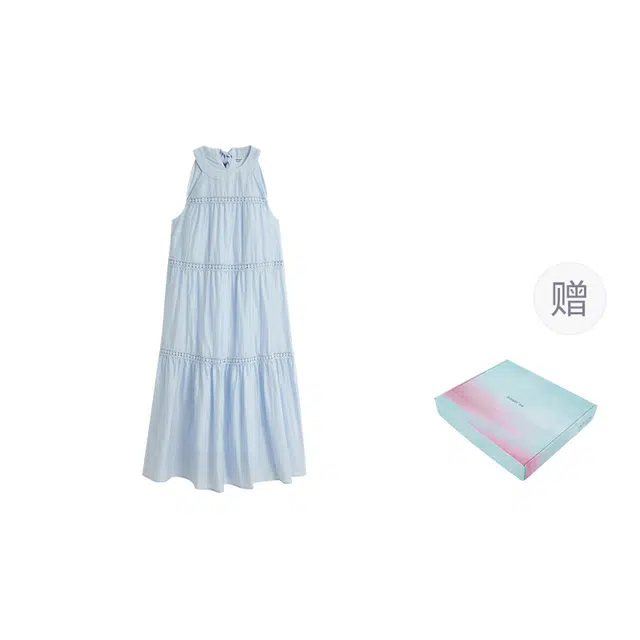 茵曼 法式挂脖蛋糕海边度假风无袖连衣裙 女款 浅水蓝