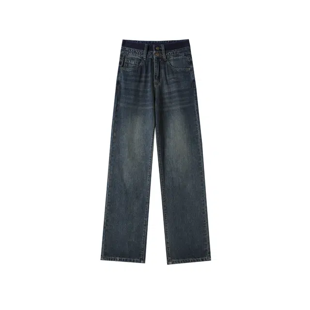 法文箱子 水洗高腰宽松直筒牛仔裤 女款 水泥灰