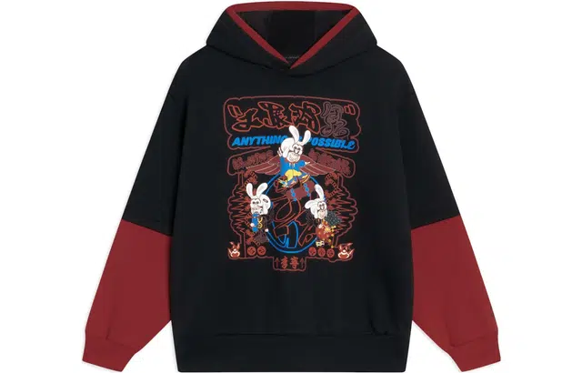 李宁儿童 运动生活系列 卡通印花宽松套头连帽卫衣 儿童款 黑色