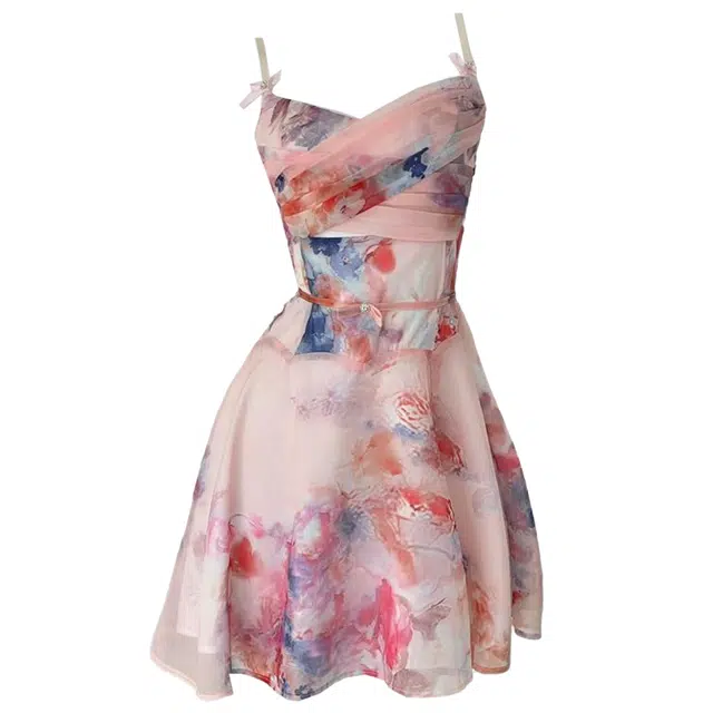 沐晓欣 旖旎花境度假印花性感仙女褶皱设计吊带连衣裙 女款 花色