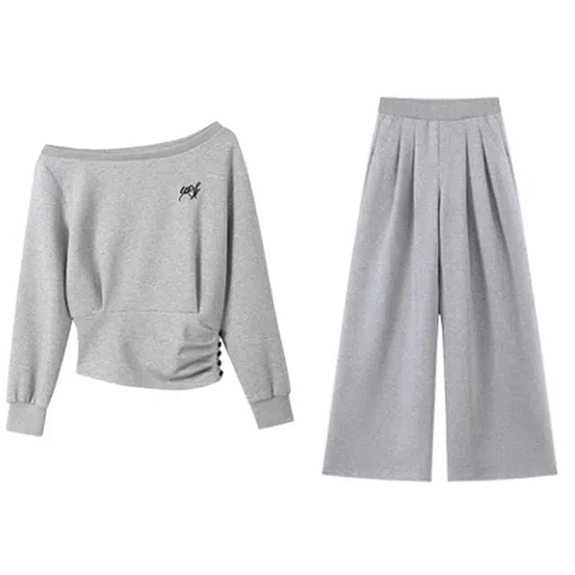 海獭 学院风韩系短款斜肩上衣配收腰运动长裤与阔腿长裤休闲套装 女款