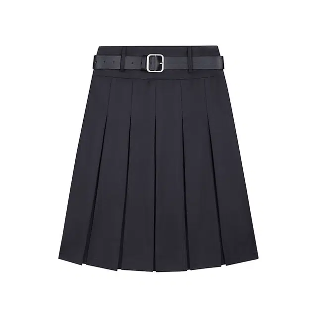 冰淇淋与鲸 纯色配腰带高腰百褶半身休闲短裙 女款 灰色