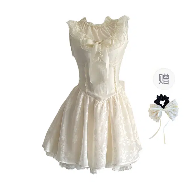 涂诗菲 法式复古蕾丝拼接蝴蝶结收腰名媛气质百褶无袖连衣裙 女款 杏色