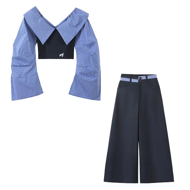 敲模女孩 学院风条纹拼接一字肩衬衣设计高腰阔腿长裤休闲套装 女款