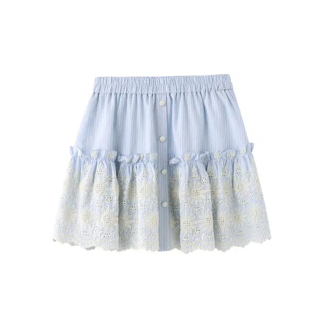 花栗鼠小姐 洱海漫步 法式减龄小清新松紧腰假门襟拼接抽皱木耳边裤里防走光休闲短裙 女款 绣花蓝