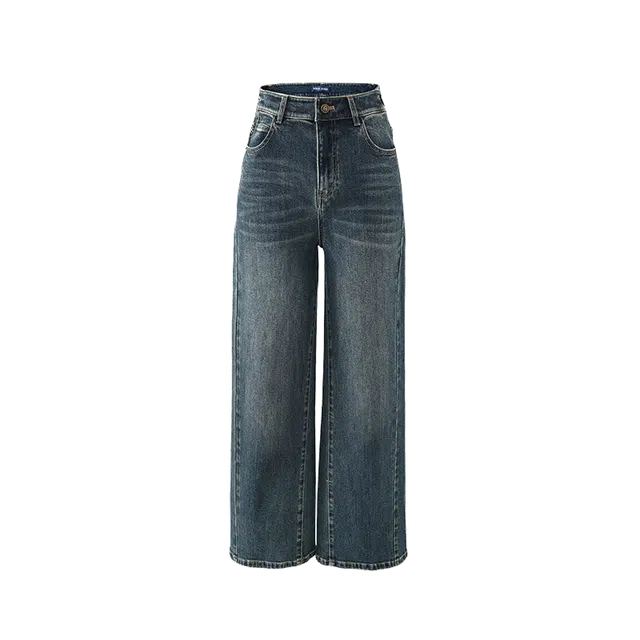 娅丽达 时尚阔腿宽松拉链纯色牛仔裤 女款