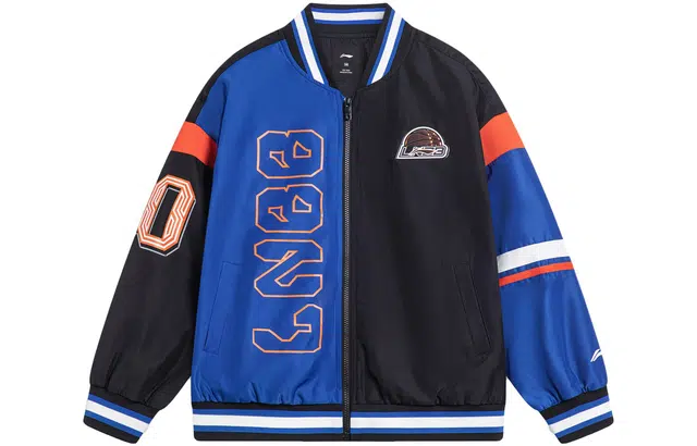 李宁儿童 撞色字母数字印花宽松棒球夹克 儿童款 黑色中蓝色