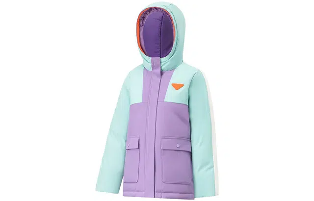 李宁儿童 拼接连帽长袖羽绒服 儿童款 湖灰蓝浅莲紫
