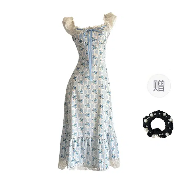 雾闪闪 高腰方领修身碎花满印时尚百搭无袖连衣裙 女款 蓝色