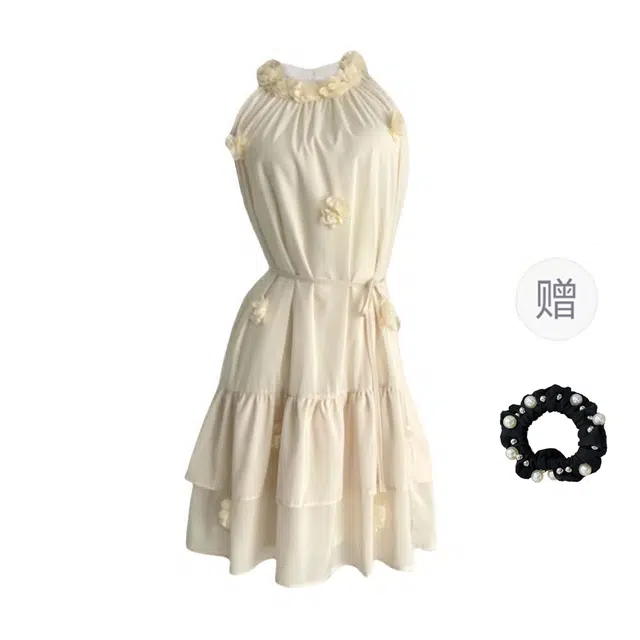 雾闪闪 文艺风高腰修身纯色时尚百搭圆领无袖连衣裙 女款 奶黄色