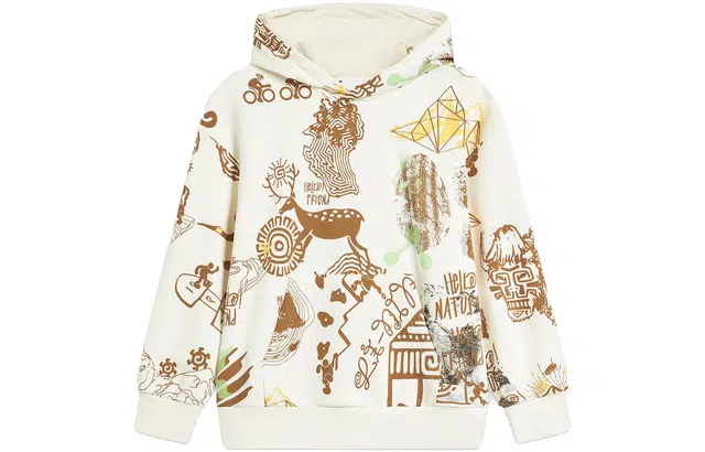 李宁儿童 童装 运动生活系列 图案满印连帽宽松运动卫衣 男童 自然为友白咖满印