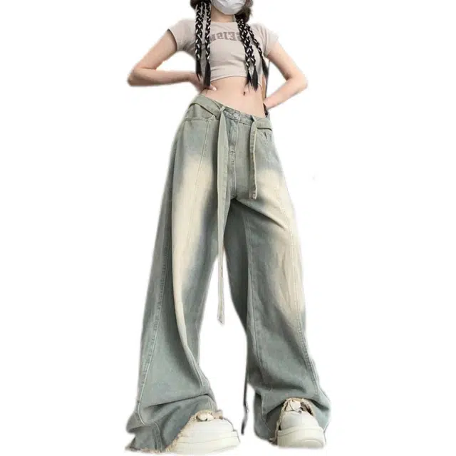 花山家的猫 高腰阔腿简约牛仔裤 女款 宝蓝色