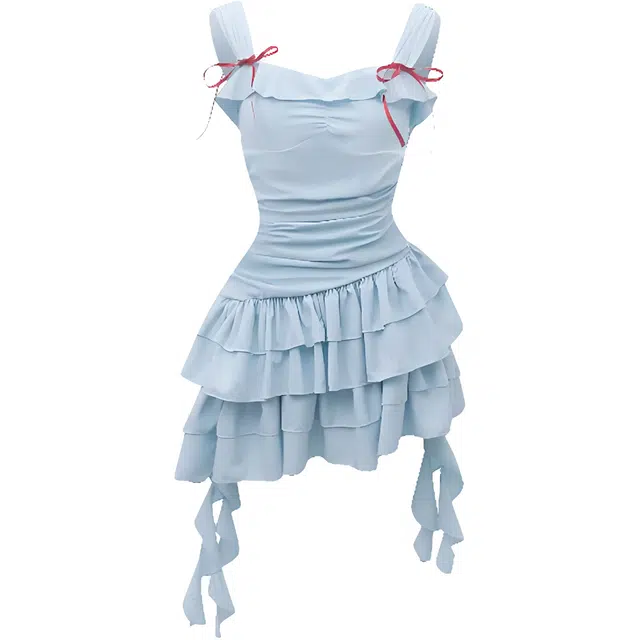 小菊川栗 设计感褶皱别致不规则简约吊带连衣裙 女款 蓝色