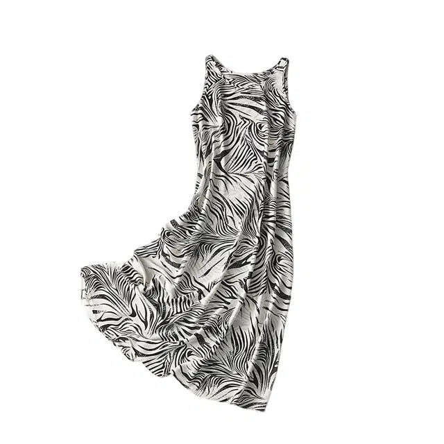 曲韩 斑马纹印花雪纺背心长裙子时尚洋气休闲夏季吊带连衣裙 女款 白色