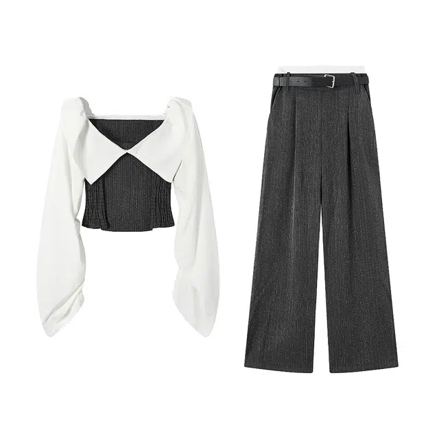 敲模女孩 纯欲风辣妹设计感一字露肩修身收腰衬衣高腰阔腿拖地长裤休闲套装 女款