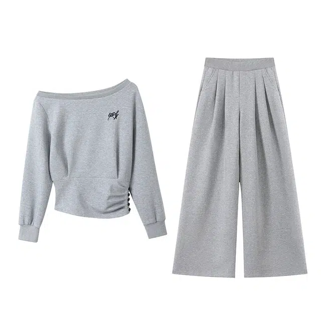 涂诗菲 学院风收腰设计感斜肩卫衣舒适简约裤子休闲套装 女款 灰色