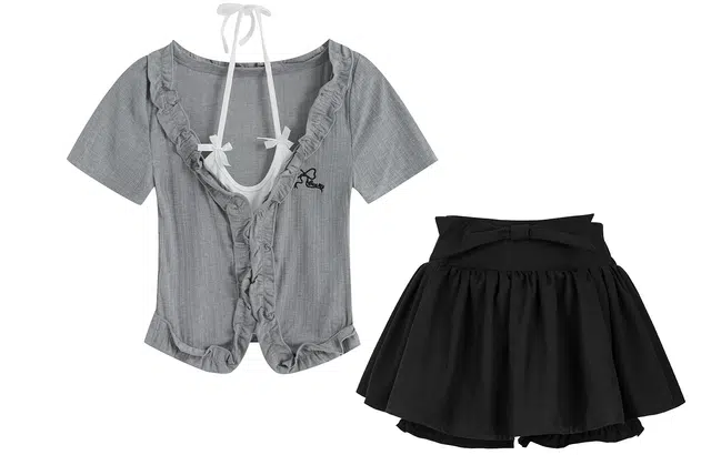 九条喵 假两件纯色短袖针织衫蝴蝶结半身蓬蓬裙裙装套装 女款