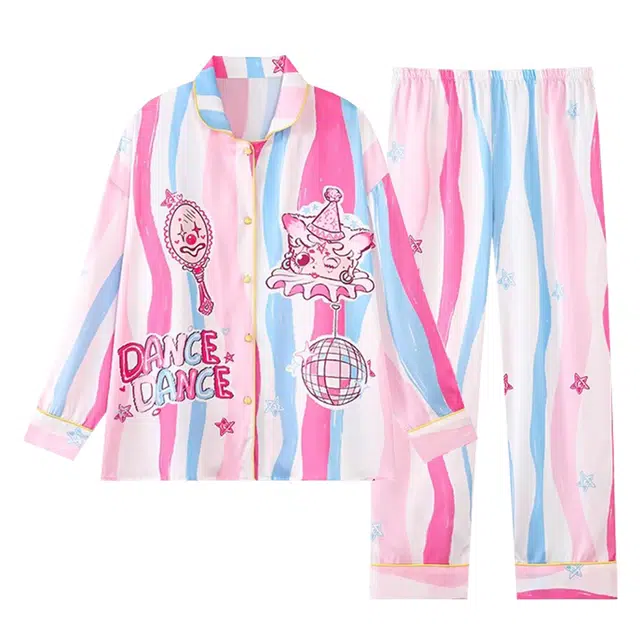 好福份 卡通图案字母印花可爱甜美长袖上衣休闲家居服长裤春夏季睡衣套装 女款