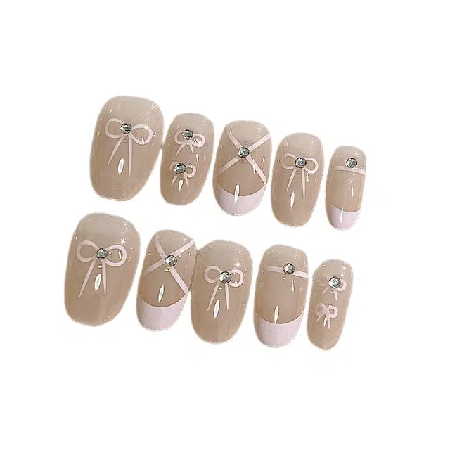 计轩 法式芭蕾舞鞋蝴蝶结  穿戴甲 中梯椭圆粉色晕染 可爱