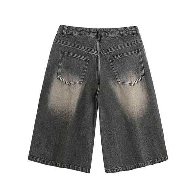欧路得 美式水洗过膝七分宽松帅炸街工装阔腿牛仔短裤 男款