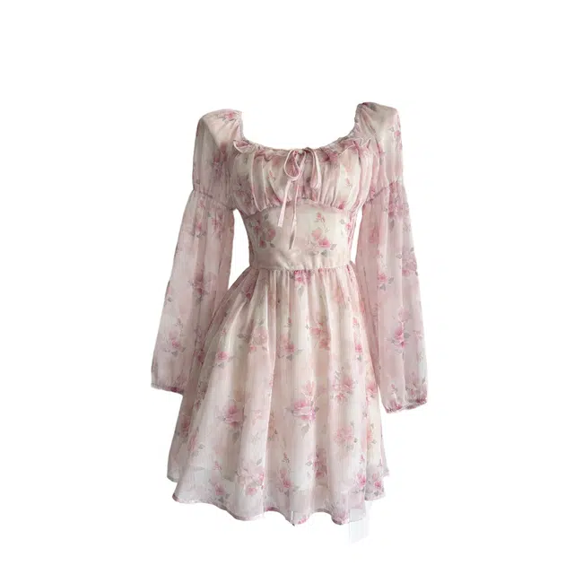 怪力萝莉 百搭小个子甜美油画美人仙气温柔碎花长袖连衣裙 女款 粉色