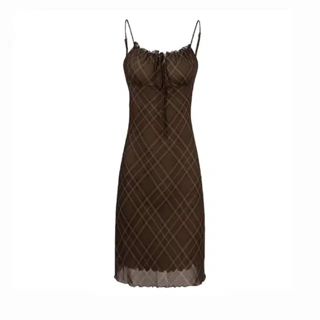 哒头下雨不愁 气质辣妹百搭修身网纱吊带连衣裙 女款 咖色