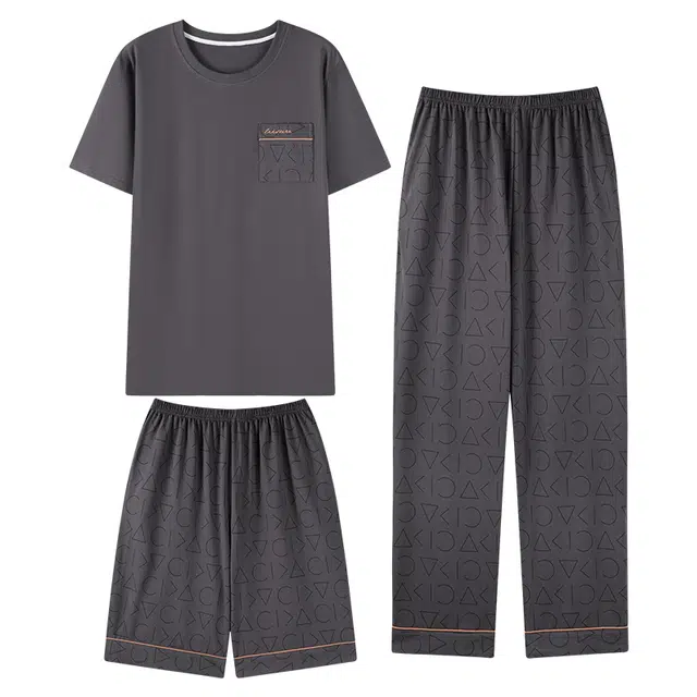 向薇 三件套休闲短袖上衣加肥加大长裤夏季睡衣套装 男款
