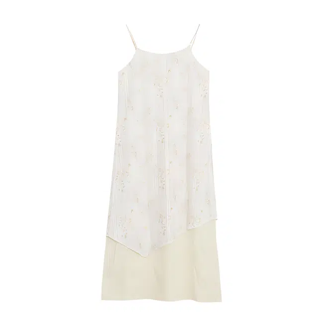 哒头下雨不愁 拼接一字领修身吊带连衣裙 女款 奶油杏