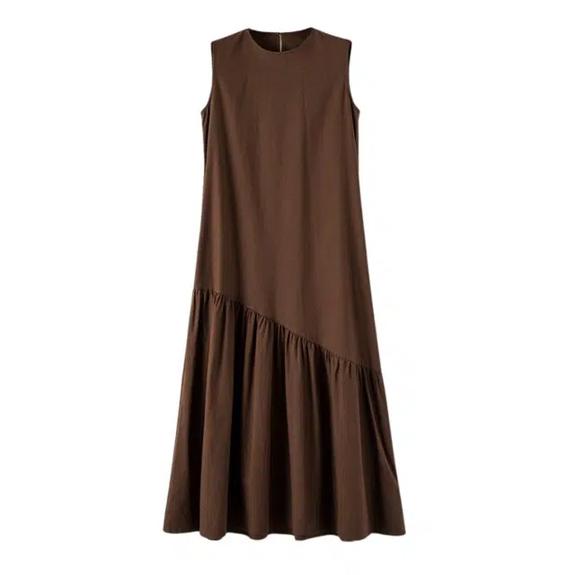 晚白 拼接设计含棉有口袋亚麻慵懒风松弛无袖连衣裙 女款 深棕色
