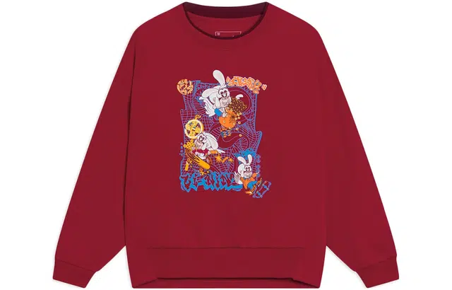 李宁儿童 运动生活系列 卡通图案印花圆领套头长袖卫衣 儿童款 玛瑙红