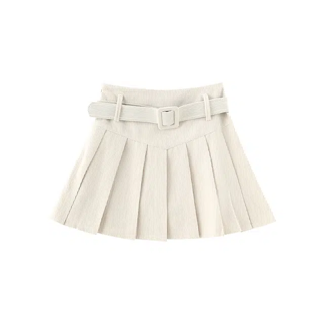 花栗鼠小姐 纯色高腰灯芯绒百褶休闲短裙 女款 杏色