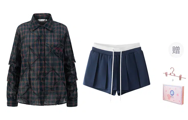 东鲸岁时记 长袖纯棉格子衬衫百搭时尚短裤休闲套装 女款