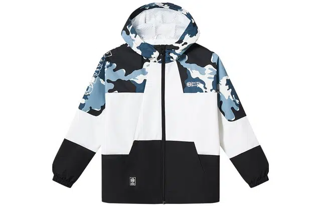 鸿星尔克 童装 迷彩印花拼色长袖夹克 男童 正黑